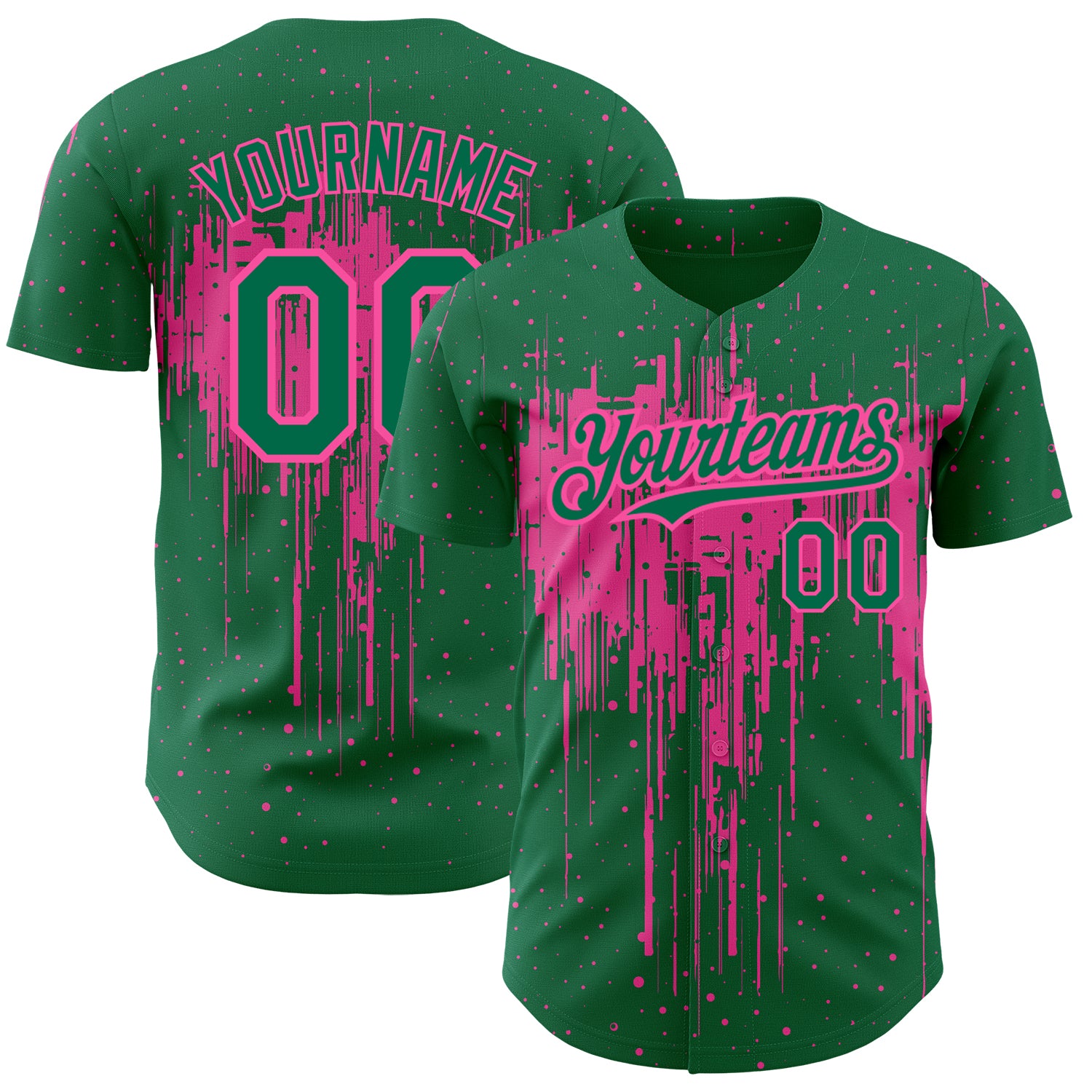 Custom Baseball Jersey with 3D Dripping Splatter Art in Kelly Green and Pink - Personalized Name and Number Personalized