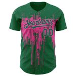 Custom Baseball Jersey with 3D Dripping Splatter Art in Kelly Green and Pink - Personalized Name and Number Personalized