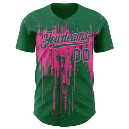 Custom Baseball Jersey with 3D Dripping Splatter Art in Kelly Green and Pink - Personalized Name and Number Personalized