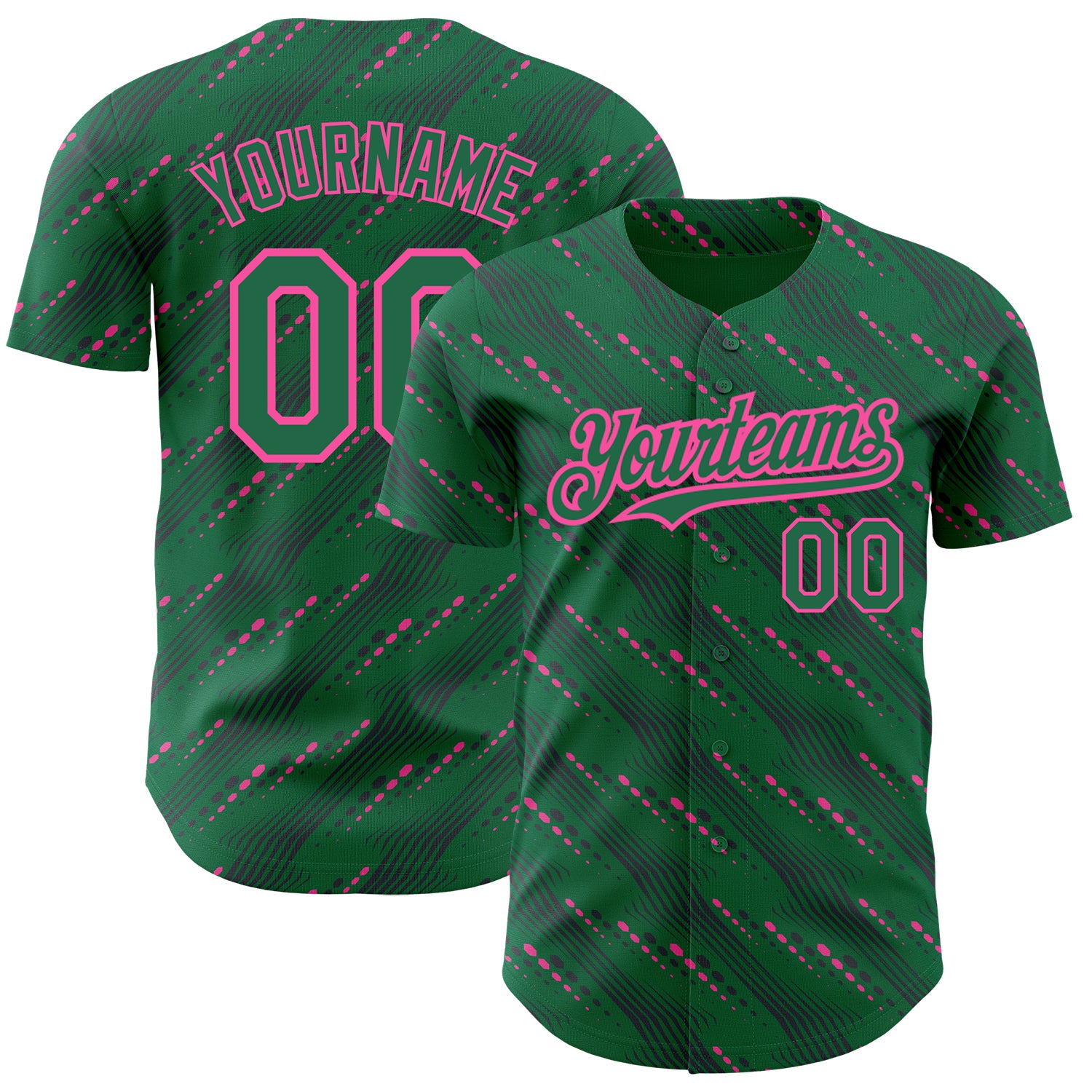 Custom Name and Number Authentic Baseball Jersey in Kelly Green and Pink 3D Slant Lines Design Personalized Kelly Green-Pink