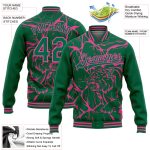 Customizable Tiger 3D Pattern Bomber Jacket with Kelly Green Pink Abstract Design, Full-Snap Varsity Letterman Style with Name & Number