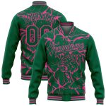 Customizable Tiger 3D Pattern Bomber Jacket with Kelly Green Pink Abstract Design, Full-Snap Varsity Letterman Style with Name & Number