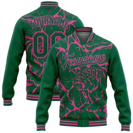 Customizable Tiger 3D Pattern Bomber Jacket with Kelly Green Pink Abstract Design, Full-Snap Varsity Letterman Style with Name & Number
