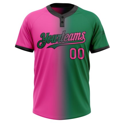 Custom Name and Number Kelly Green Pink-Black Gradient Unisex Softball Jersey - Personalized Two-Button Fashion Design Personalized
