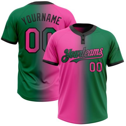 Custom Name and Number Kelly Green Pink-Black Gradient Unisex Softball Jersey - Personalized Two-Button Fashion Design Personalized