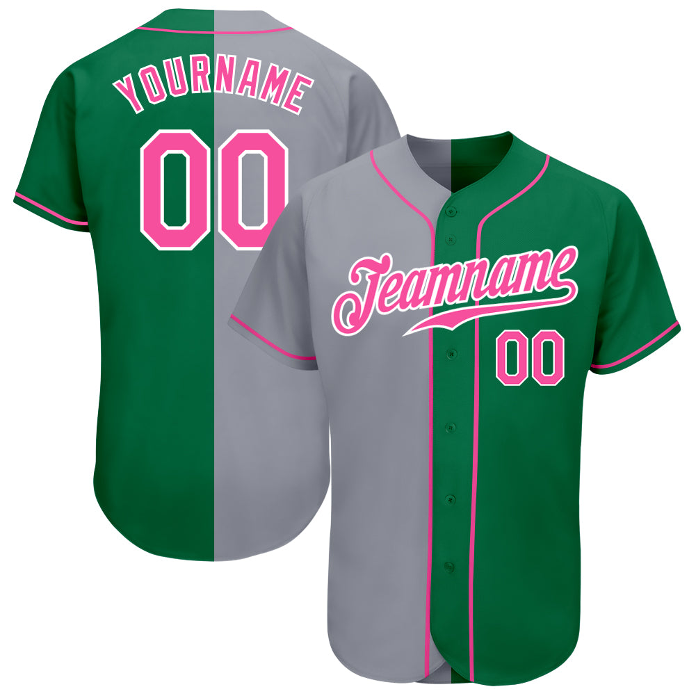 Custom Name Number Authentic Split Fashion Baseball Jersey - Personalized Kelly Green Pink-Gray Team Apparel Personalized