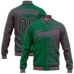 Custom Team Bomber Jacket with Personalized Name and Number, Kelly Green Pink Halftone 3D Pattern, Full-Snap Varsity Letterman Style