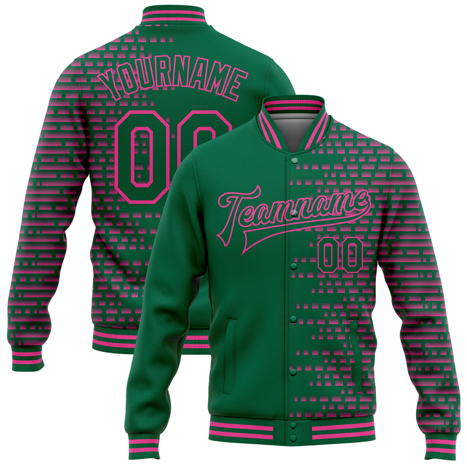 Custom Team Bomber Jacket with Personalized Name and Number, Kelly Green Pink Halftone 3D Pattern, Full-Snap Varsity Letterman Style