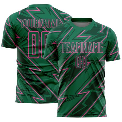 Custom Name and Number Soccer Jersey - Personalized Kelly Green Pink Lightning Sublimation Uniform Personalized Kelly Green