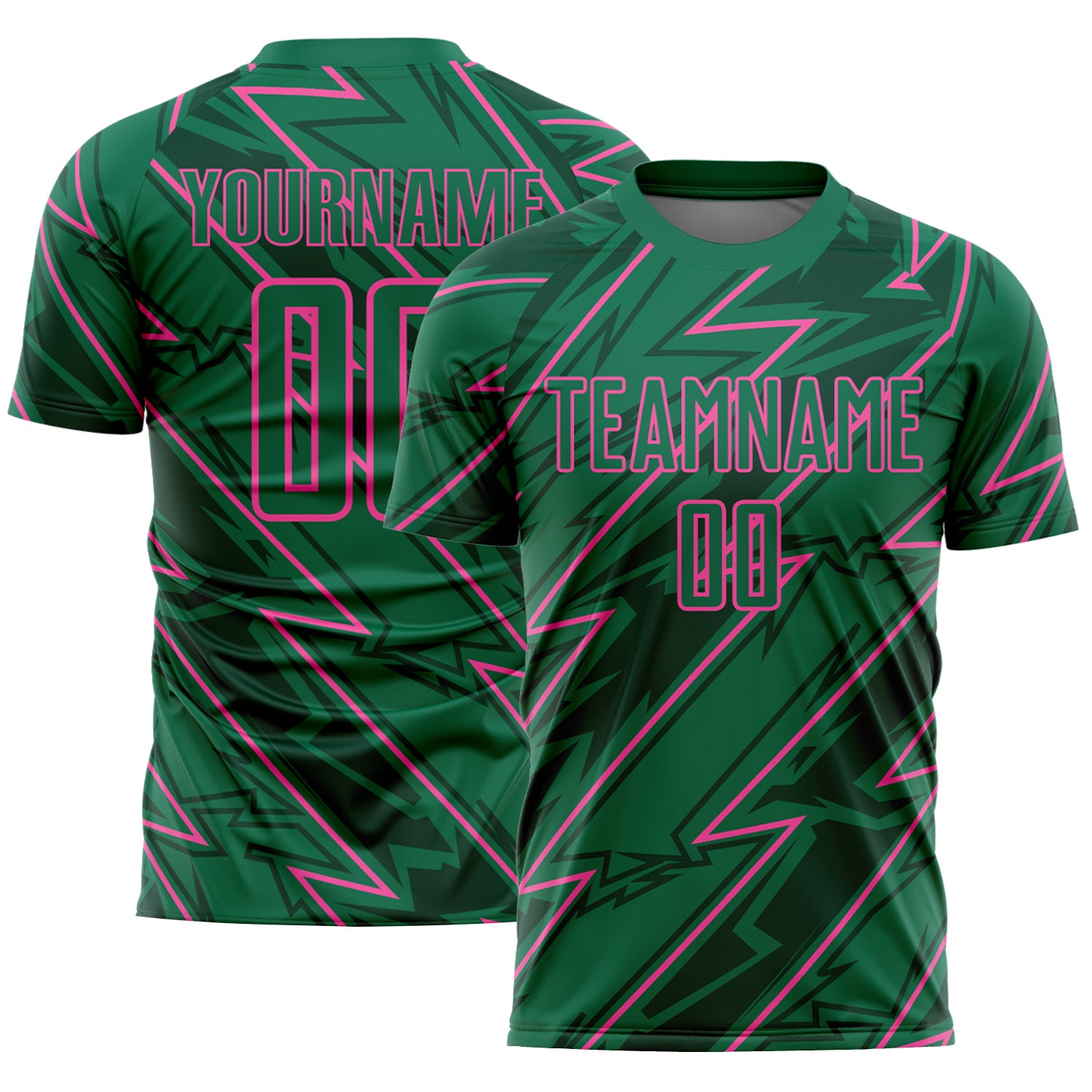 Custom Name and Number Soccer Jersey - Personalized Kelly Green Pink Lightning Sublimation Uniform Personalized Kelly Green