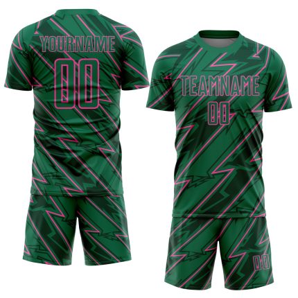 Custom Name and Number Soccer Jersey - Personalized Kelly Green Pink Lightning Sublimation Uniform Personalized Kelly Green