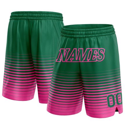 Custom Basketball Shorts with Team Name & Number - Personalized Kelly Green & Pink Pinstripe Fade Fashion Personalized Kelly