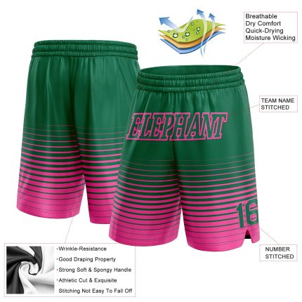 Custom Basketball Shorts with Team Name & Number - Personalized Kelly Green & Pink Pinstripe Fade Fashion Personalized Kelly