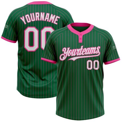 Custom Name and Number Unisex Softball Jersey in Kelly Green and Pink Pinstripe, Two-Button Design - Personalized Team Gear