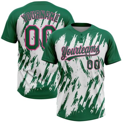Custom Name & Number Unisex Softball Jersey - 3D Pattern in Kelly Green, Pink & White, Sharp Shape, Two-Button Design Personalized