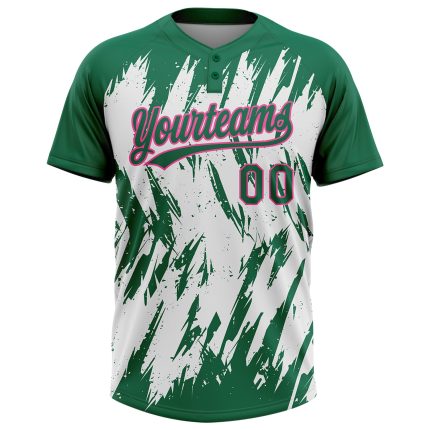 Custom Name & Number Unisex Softball Jersey - 3D Pattern in Kelly Green, Pink & White, Sharp Shape, Two-Button Design Personalized