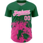 Custom Name and Number Baseball Jersey - Personalized 3D Abstract Splash Art in Kelly Green, Pink, and White Grunge Design