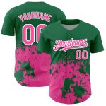 Custom Name and Number Baseball Jersey - Personalized 3D Abstract Splash Art in Kelly Green, Pink, and White Grunge Design