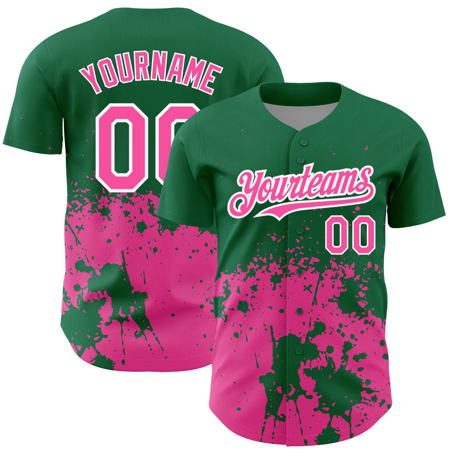 Custom Name and Number Baseball Jersey - Personalized 3D Abstract Splash Art in Kelly Green, Pink, and White Grunge Design