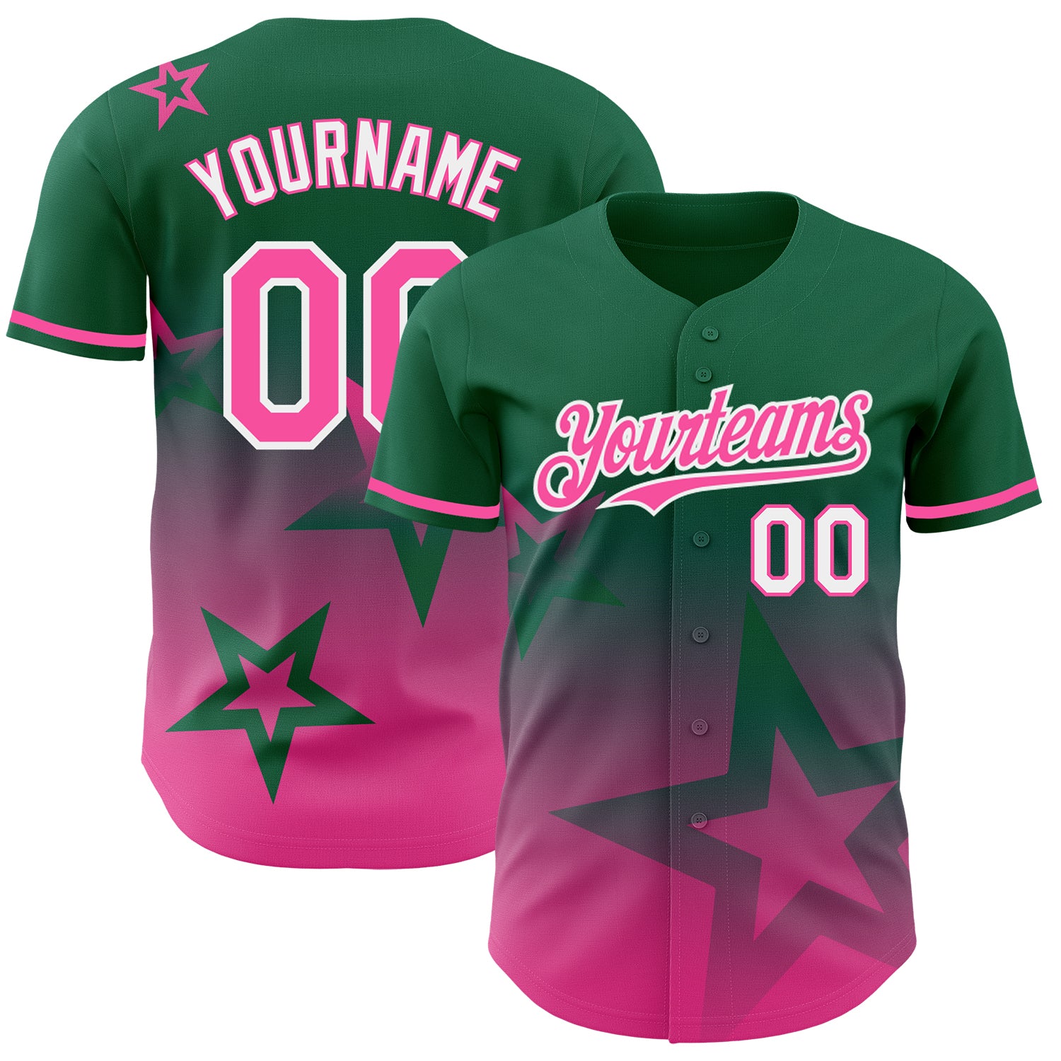 Personalized Gradient Twinkle Star Baseball Jersey with Custom Name & Number, Kelly Green Pink-White 3D Pattern Design Personalized