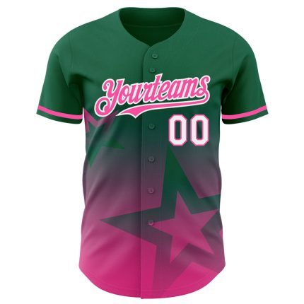 Personalized Gradient Twinkle Star Baseball Jersey with Custom Name & Number, Kelly Green Pink-White 3D Pattern Design Personalized