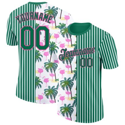 Custom Name Number 3D Tropical Hawaii Palm Tree Flamingo T-Shirt in Kelly Green Pink White - Performance Team Wear Personalized