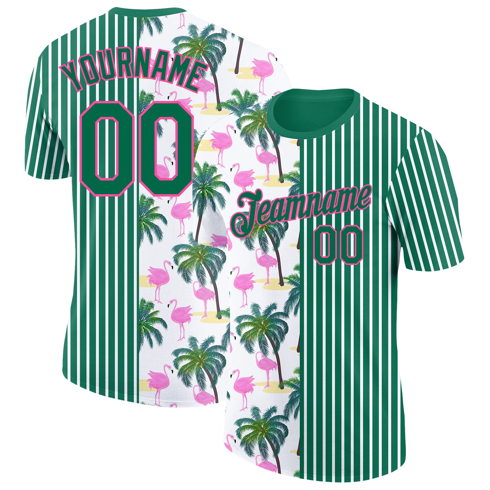 Custom Name Number 3D Tropical Hawaii Palm Tree Flamingo T-Shirt in Kelly Green Pink White - Performance Team Wear Personalized