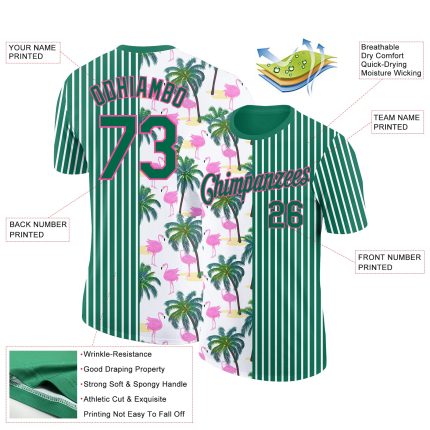 Custom Name Number 3D Tropical Hawaii Palm Tree Flamingo T-Shirt in Kelly Green Pink White - Performance Team Wear Personalized