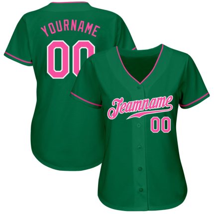 Personalized Authentic Baseball Jersey in Kelly Green with Pink-White Accents Personalized Kelly Green Pink-White Authentic