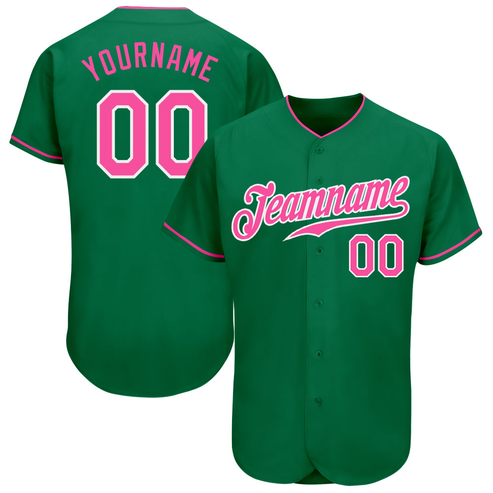 Personalized Authentic Baseball Jersey in Kelly Green with Pink-White Accents Personalized Kelly Green Pink-White Authentic