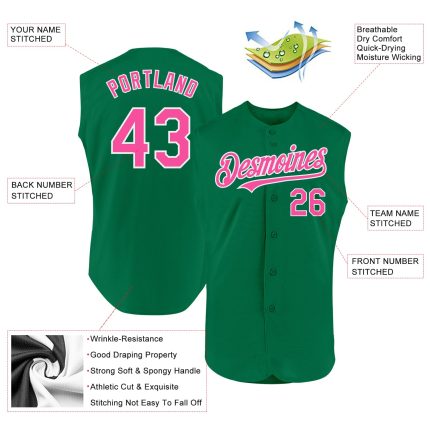 Personalized Authentic Sleeveless Baseball Jersey in Kelly Green with Pink and White Trim Personalized Kelly Green Pink-White