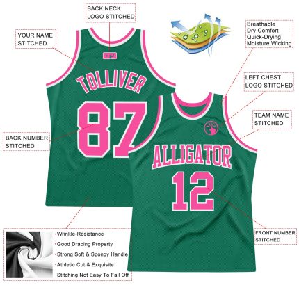 Custom Name and Number Authentic Basketball Jersey - Personalized Kelly Green with Pink & White Design Personalized Kelly