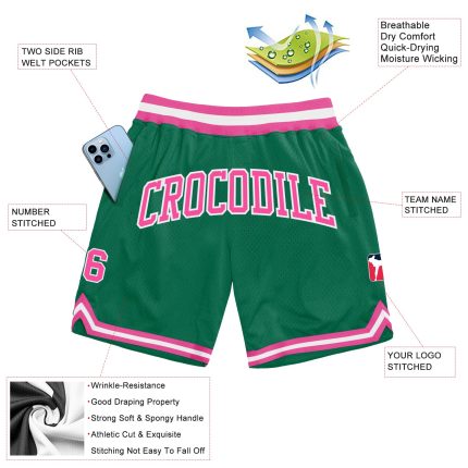 Custom Name Number Authentic Throwback Basketball Shorts Kelly Green Pink-White Team Design Personalized Kelly Green Pink-White