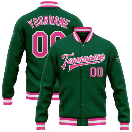 Personalized Varsity Letterman Jacket in Kelly Green with Pink and White - Full-Snap Bomber Style Personalized Kelly Green