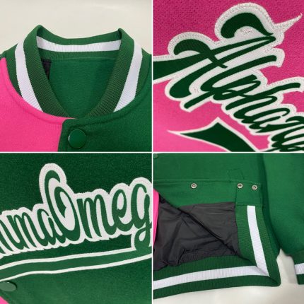 Personalized Kelly Green Pink White Varsity Letterman Bomber Jacket Full-Snap Fashion Apparel Personalized Kelly Green Pink-White