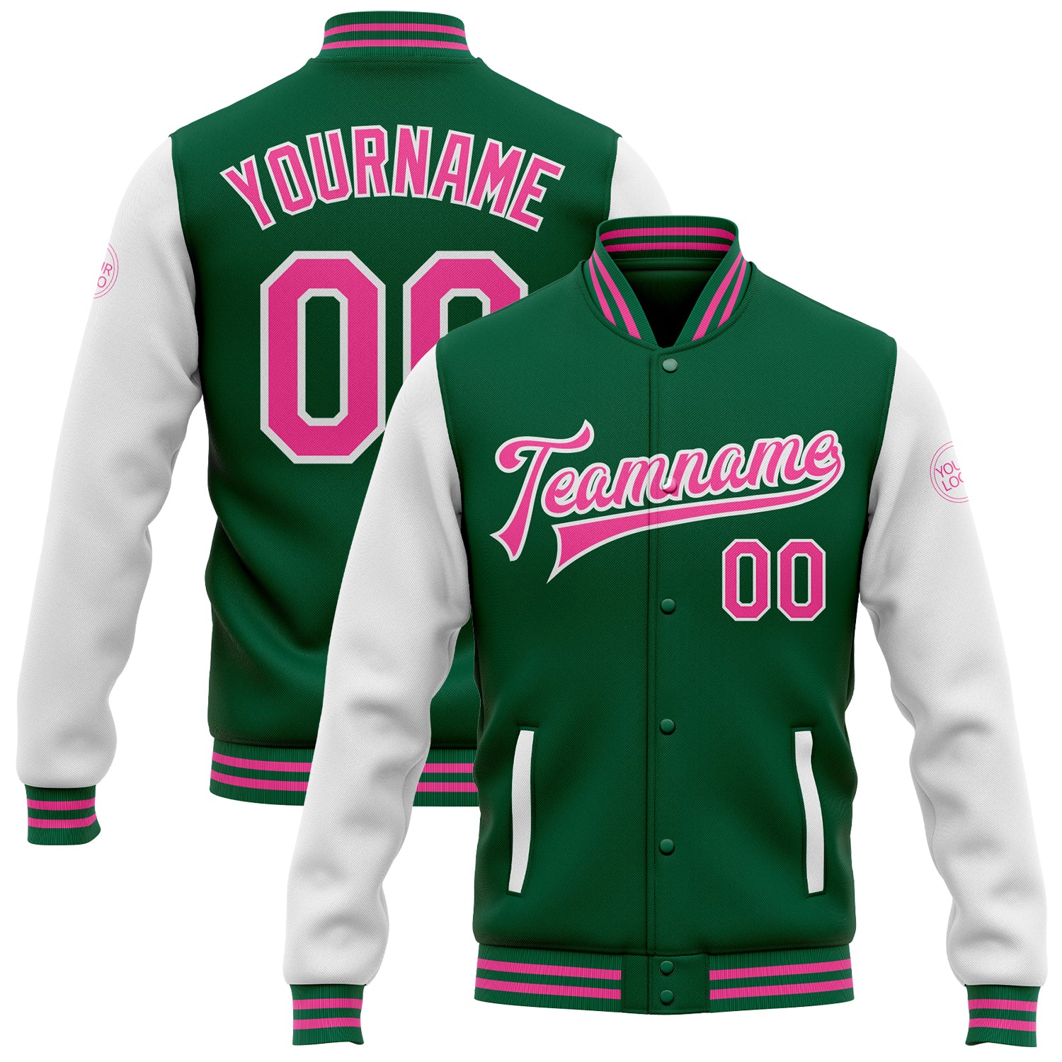 Personalized Green Pink White Two Tone Varsity Letterman Bomber Jacket Full-Snap Personalized Kelly Green Pink-White Bomber
