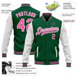 Personalized Green Pink White Two Tone Varsity Letterman Bomber Jacket Full-Snap Personalized Kelly Green Pink-White Bomber