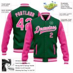 Custom Name and Number Two Tone Varsity Letterman Bomber Jacket - Kelly Green Pink-White Full-Snap Design Personalized Kelly