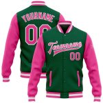 Custom Name and Number Two Tone Varsity Letterman Bomber Jacket - Kelly Green Pink-White Full-Snap Design Personalized Kelly