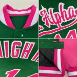 Custom Name and Number Two Tone Varsity Letterman Bomber Jacket - Kelly Green Pink-White Full-Snap Design Personalized Kelly