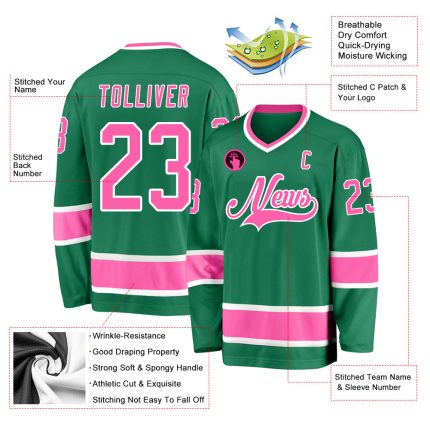 Custom Team Hockey Jersey - Personalized Kelly Green with Pink-White Design, Custom Name and Number Personalized Kelly Green