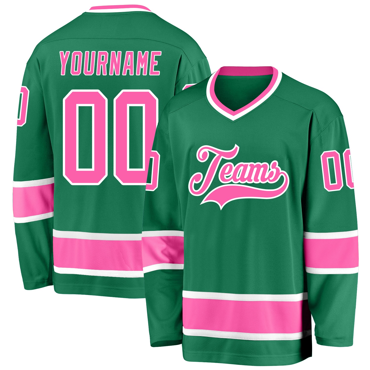 Custom Team Hockey Jersey - Personalized Kelly Green with Pink-White Design, Custom Name and Number Personalized Kelly Green