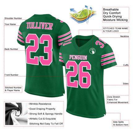 Personalized Authentic Football Jersey in Kelly Green with Pink-White Mesh Design Personalized Kelly Green Pink-White Mesh