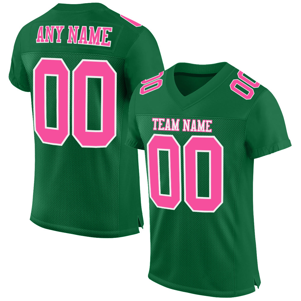 Custom Name Number Personalized Football Jersey in Kelly Green Pink-White Mesh Style Personalized Kelly Green Pink-White