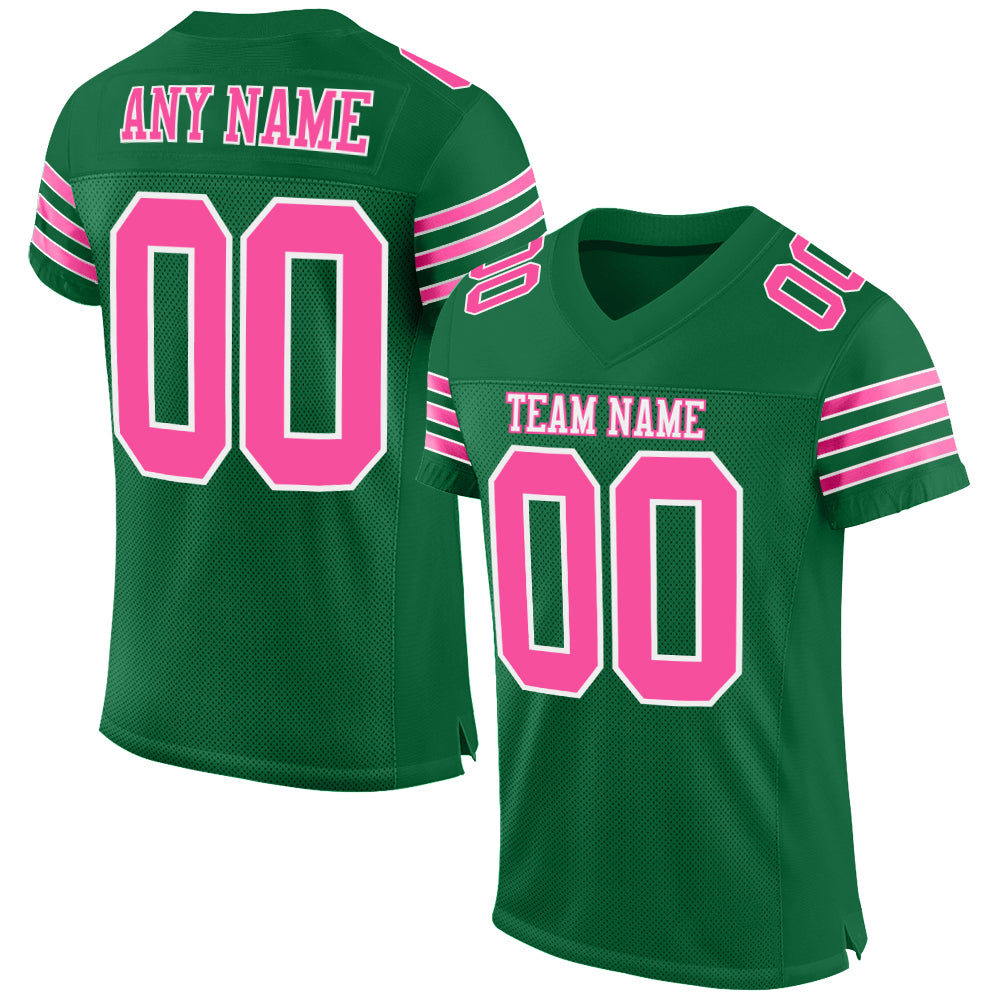 Personalized Authentic Football Jersey in Kelly Green with Pink-White Mesh Design Personalized Kelly Green Pink-White Mesh