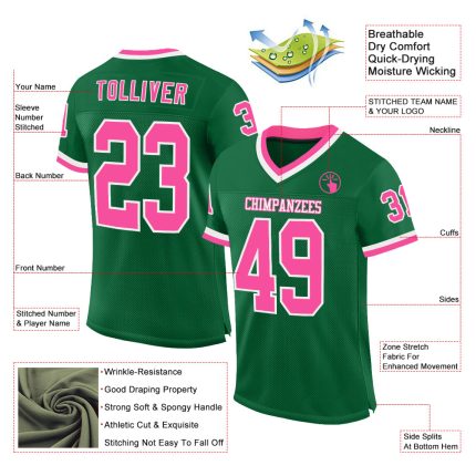 Custom Name and Number Personalized Throwback Football Jersey in Kelly Green with Pink-White Mesh Personalized Kelly Green