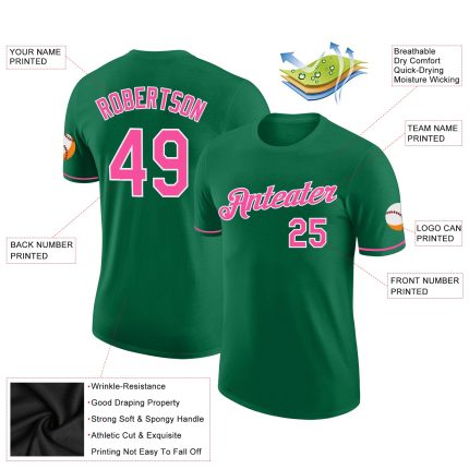 Custom Name and Number Performance T-Shirt in Kelly Green with Pink-White Design - Perfect Team Apparel Personalized Kelly