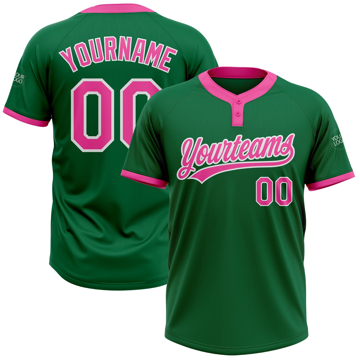 Custom Name and Number Unisex Softball Jersey - Personalized Kelly Green Pink-White Two-Button Design Personalized Kelly