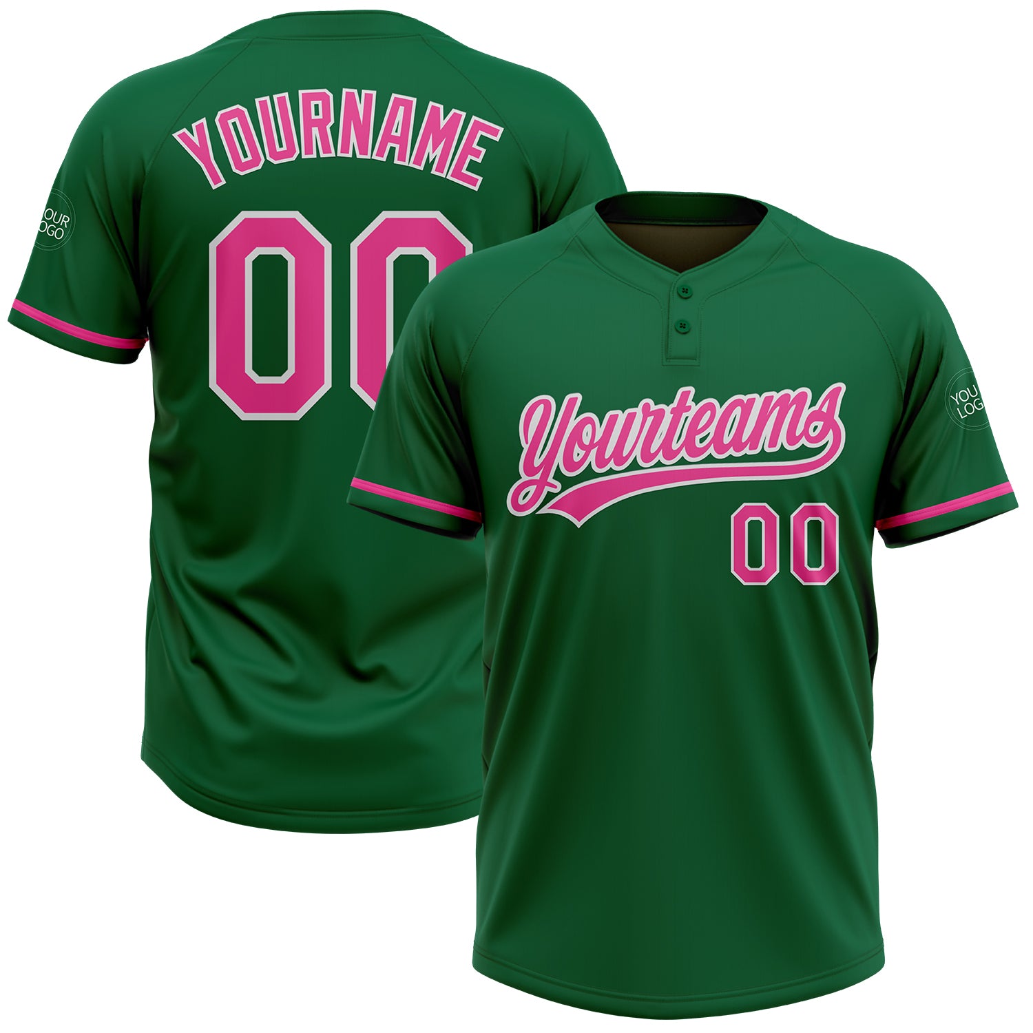 Personalized Kelly Green Unisex Softball Jersey - Pink and White Two-Button Design Personalized Kelly Green Pink-White Two-Button