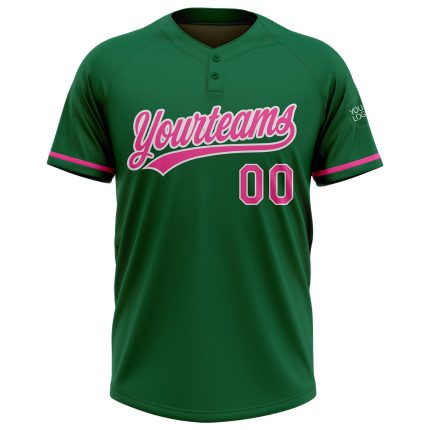 Personalized Kelly Green Unisex Softball Jersey - Pink and White Two-Button Design Personalized Kelly Green Pink-White Two-Button
